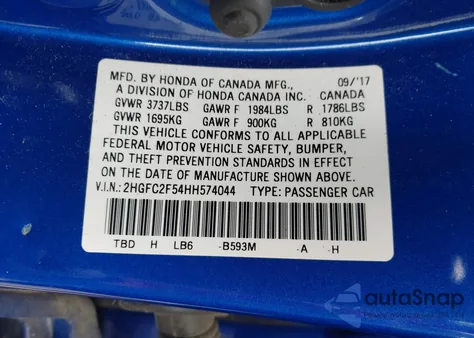 2017 Honda Civic Lx z USA, uszkodzony, nr VIN 2HGFC2F54HH574044